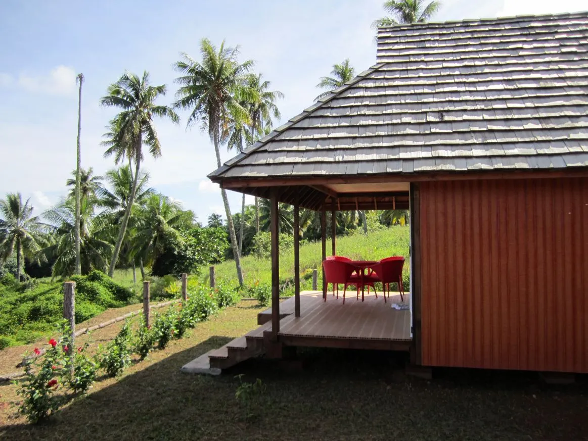 Bungalow en bois sur la colline, entouré de cocotiers